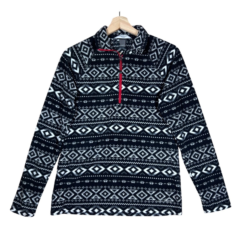 Eddie Bauer Womens Fleece Pullover Aztec Print Quarter Zip Black Small‎ Nordic